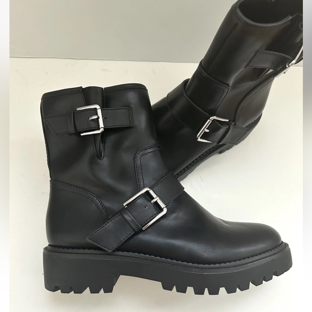 Nordstrom Rack Black Moto Silver Buckle Zip Up Boots NWT Size 7